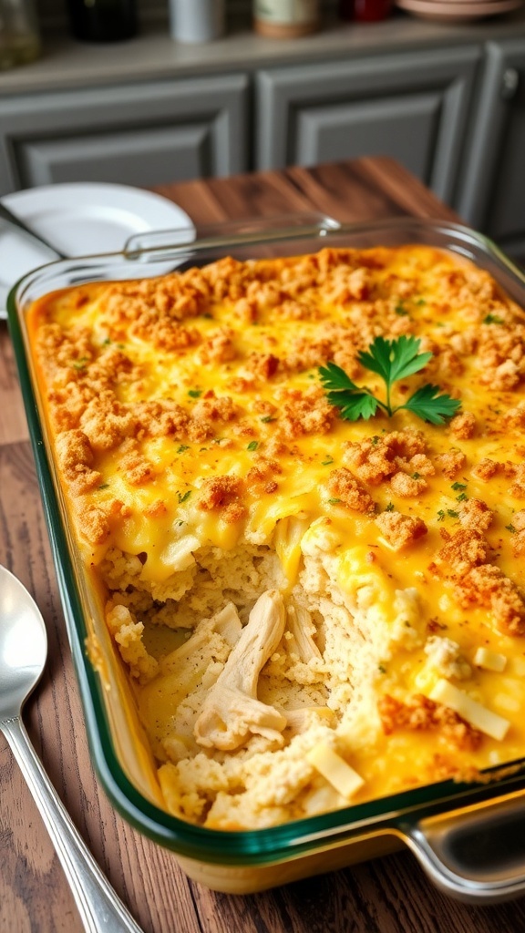 Cheesy chicken and rice casserole in a baking dish, topped with melted cheese and breadcrumbs, garnished with parsley.